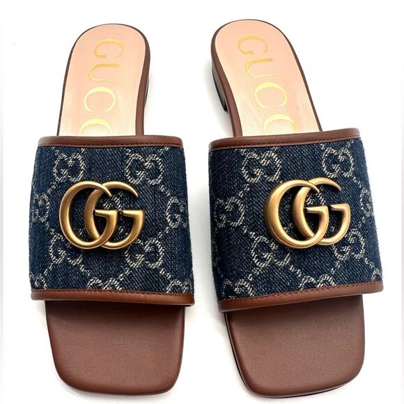 Gucci Jolie Denim Marmont GG Monogram Miro Calfskin Slide Sandals EU 36.5 - Picture 9 of 9